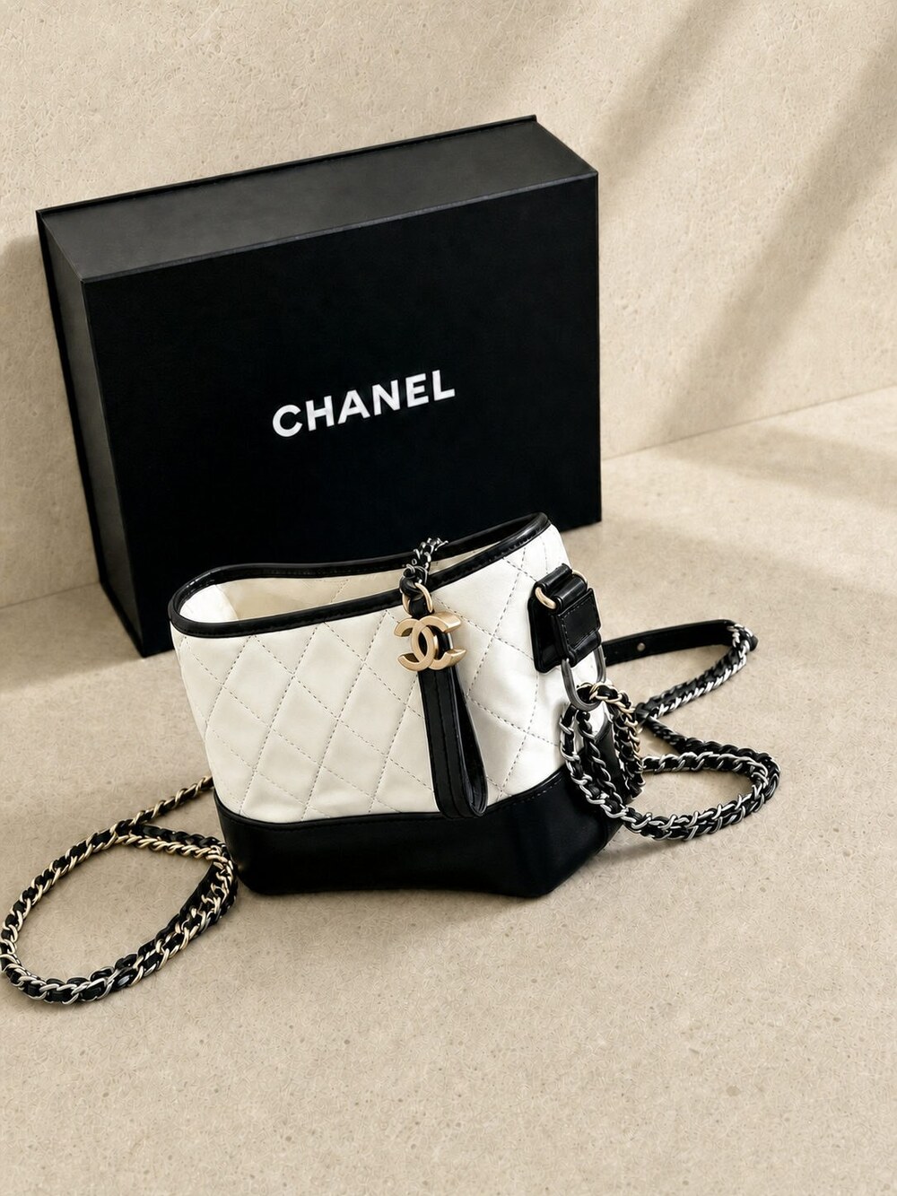 Chanel Black White Aged Calfskin Gabrielle Hobo with Mixed Metal Chain - Picture 4 of 6